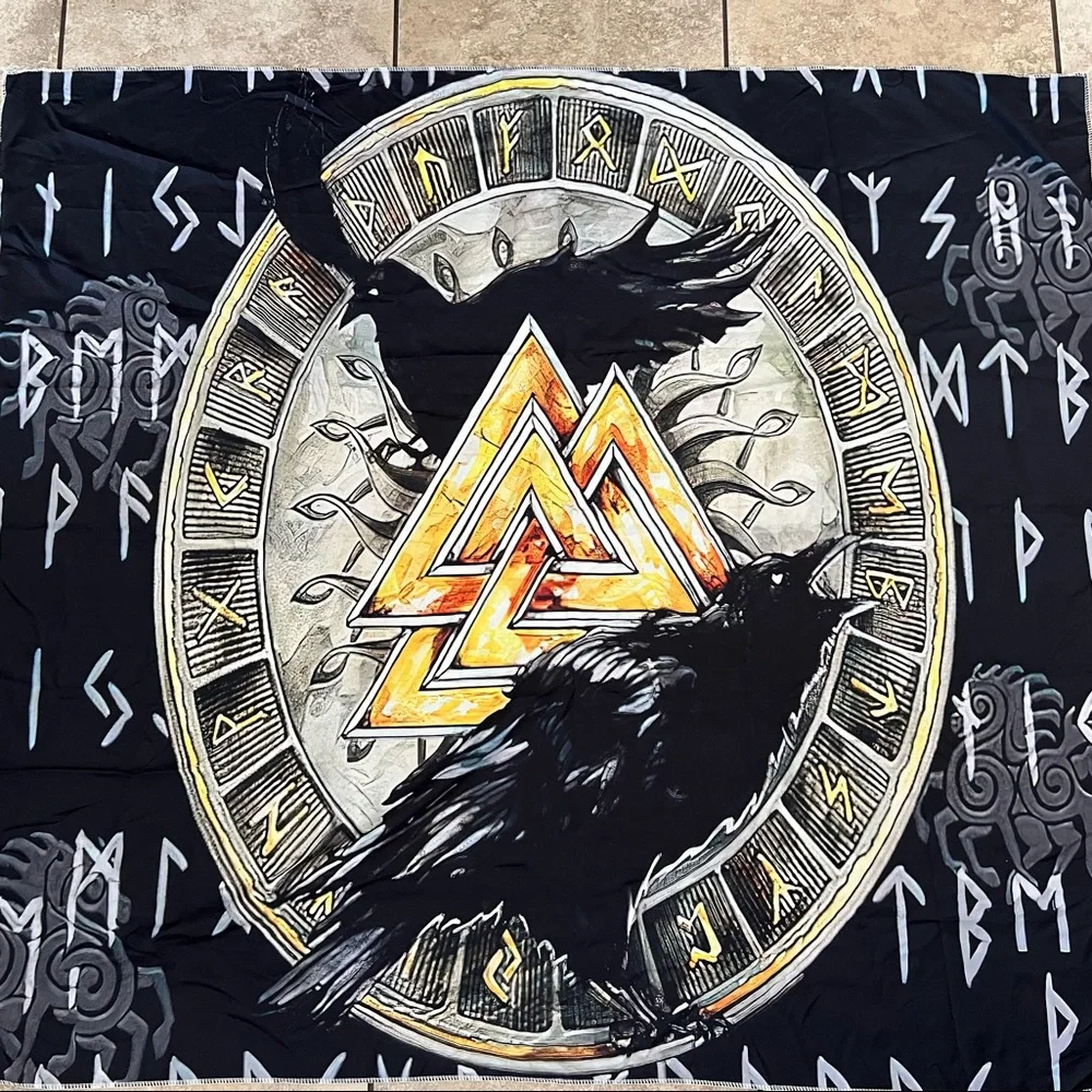 Black and Gold Crow Nordic Ruins Norse Mythology Tapestry